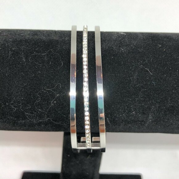 Silver-Tone Open Cuff Bracelet With Rhinestone Accent - Picture 3 of 5